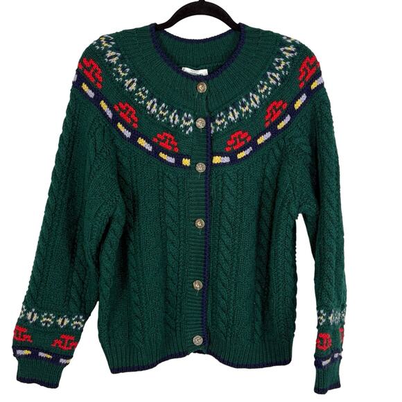 Vtg Chunky Wool Cable Knit Fair Isle Cardigan Women’s Sz XL Forest Green Italy - Picture 1 of 5